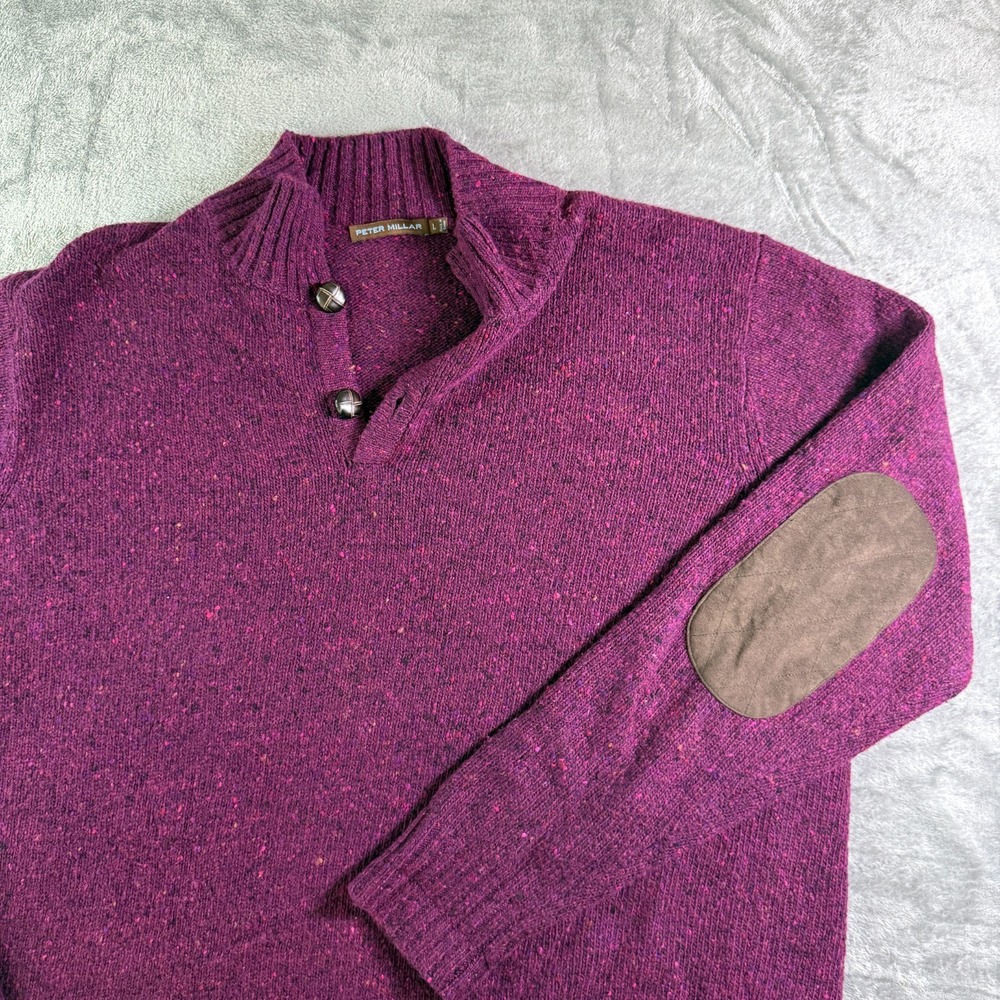 Peter Millar Wool Blend Sweater Elbow Patch Button‎ Mock Neck Purple L